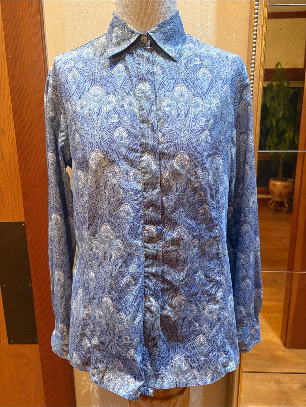 Liberty of London Blue & Cream Peacock Feather Pattern Print Button-Down Shirt